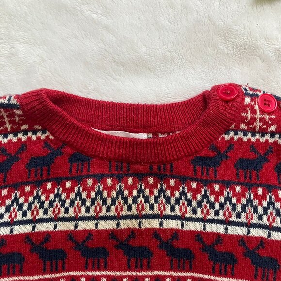 Joe Fresh 6-12M Fair Isle Holiday Sweater Red Navy Reindeer EUC Baby - Picture 2 of 14